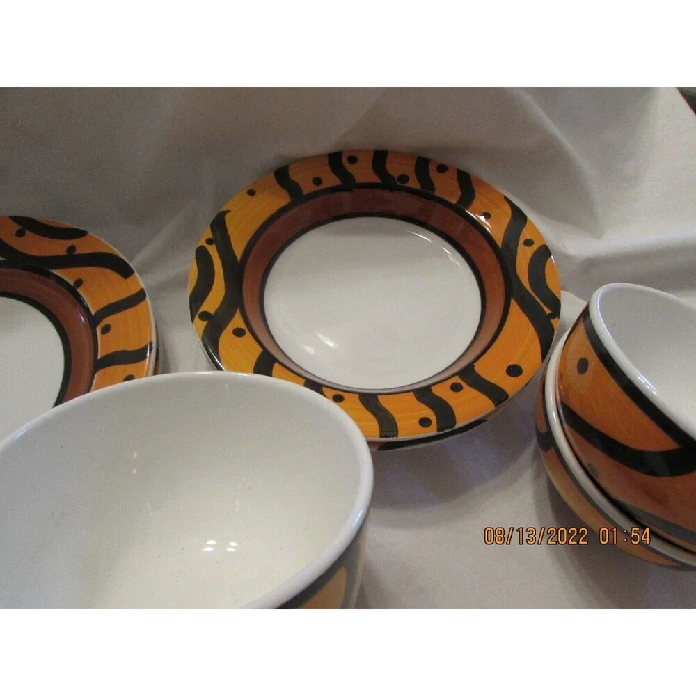 PIER 1 PLATES BOWLS CUPS ORANGE DOT BLACK HAND PAINTED ITALY PLACE SETTING FOR 2